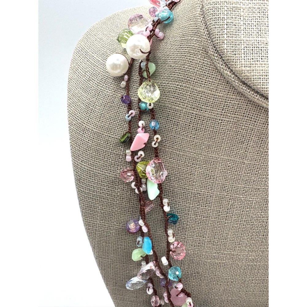 Boho Multi Strand Pastel Beaded Necklace UV Reactive Glass Pearl Mixed Media - Picture 3 of 10